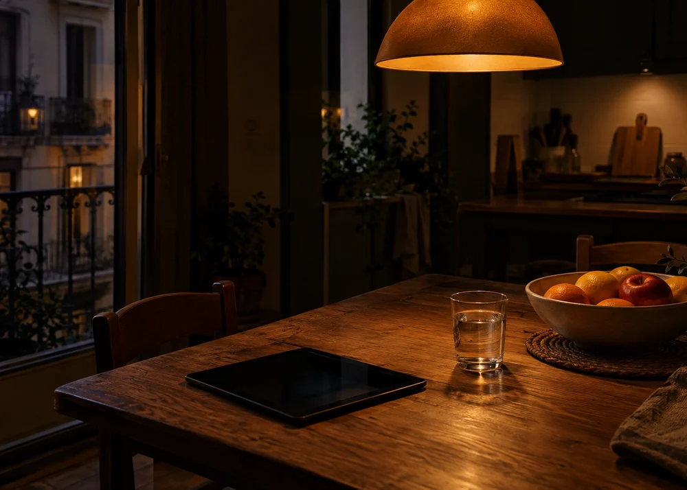 Mesa de cocina con una tableta para leer las noticias de hoy en España