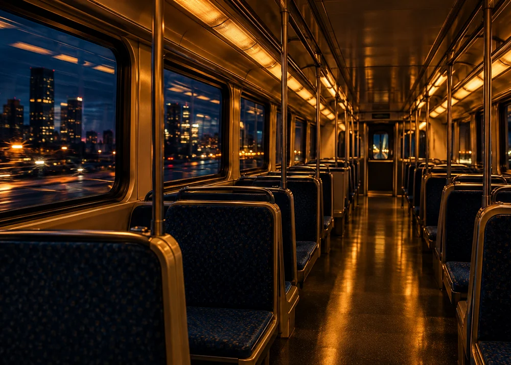 Vagón de tren casi vacío al anochecer, momento de leer el resumen de noticias de España